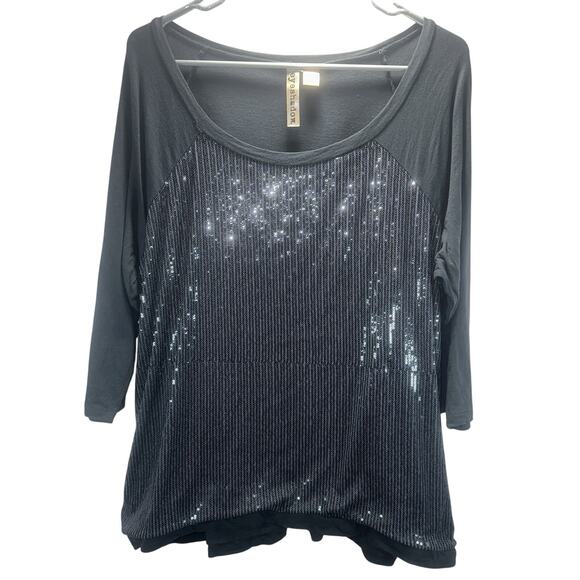 Eyeshadow Black Sequin Front Tunic Top Size Large 3/4 Sleeve Party Blouse - Picture 1 of 7